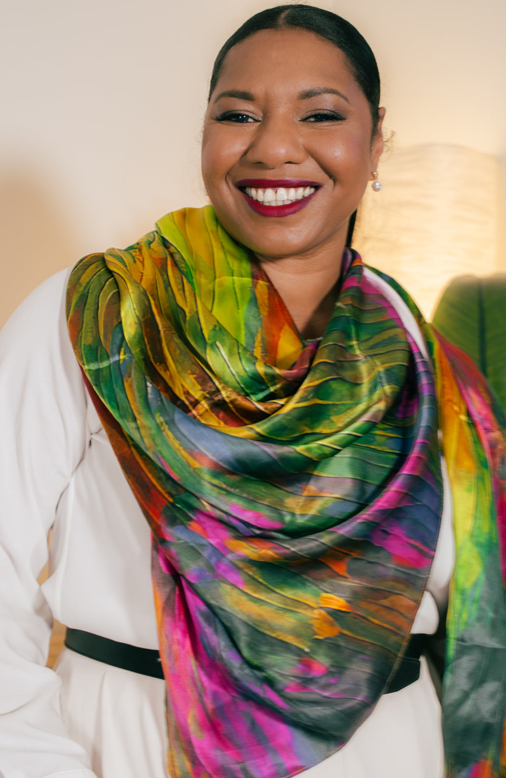 Cornelia's daughter wearing the Chromatic Rise 100% silk charmeuse scarf