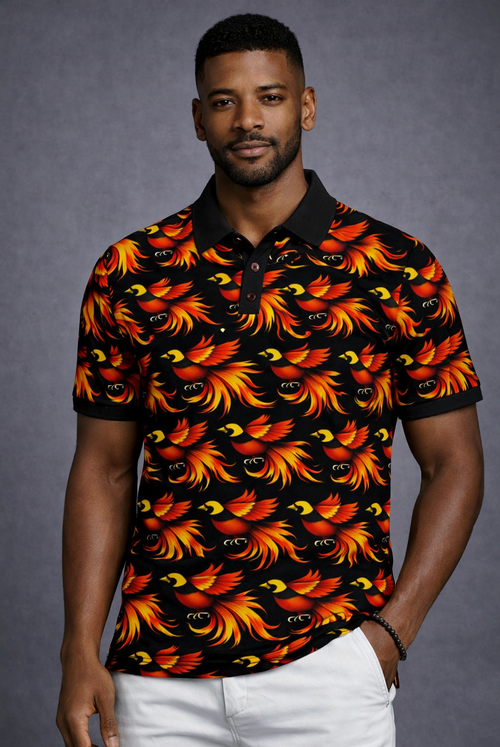 Bird of Paradise polo mockup — bold red, orange and gold birds on black